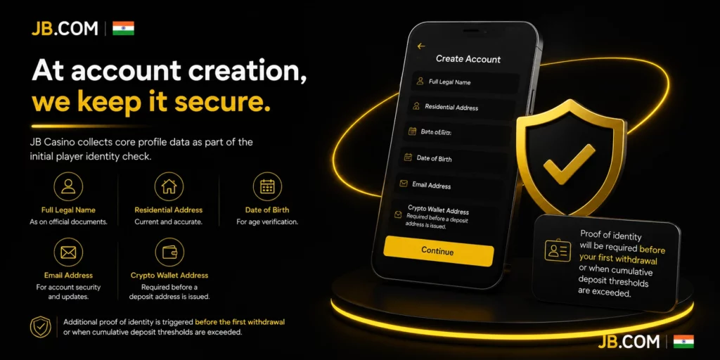 JB.com India account creation form – name, address, DOB, crypto wallet